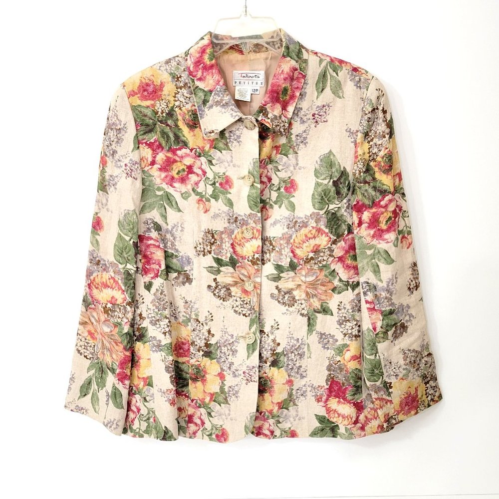 Talbots Petites Floral Linen Blazer Cottagecore Romantic Vintage